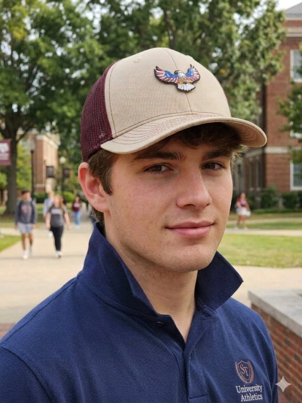 American Bald Eagle Flagged Khaki/Maroon Mesh Snapback Trucker Hat